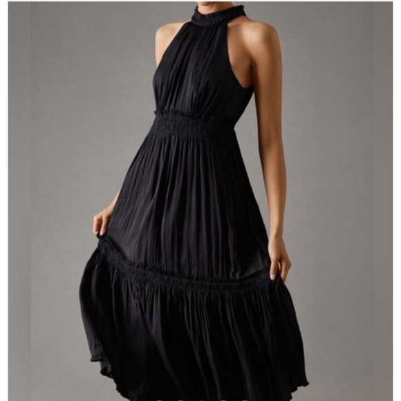 Anthropologie Dresses & Skirts - Anthropologie Tiered Halter Dress Womens 12 Black Midi Lined Neck Tie LBD